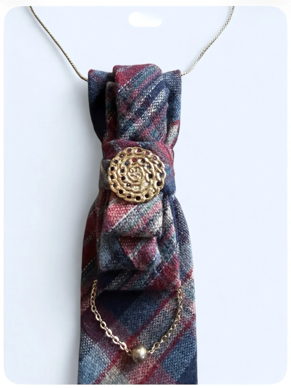 Upcycled Wool Blend Vintage Plaid Tartan Necktie Necklace Brooch Academia Preppy